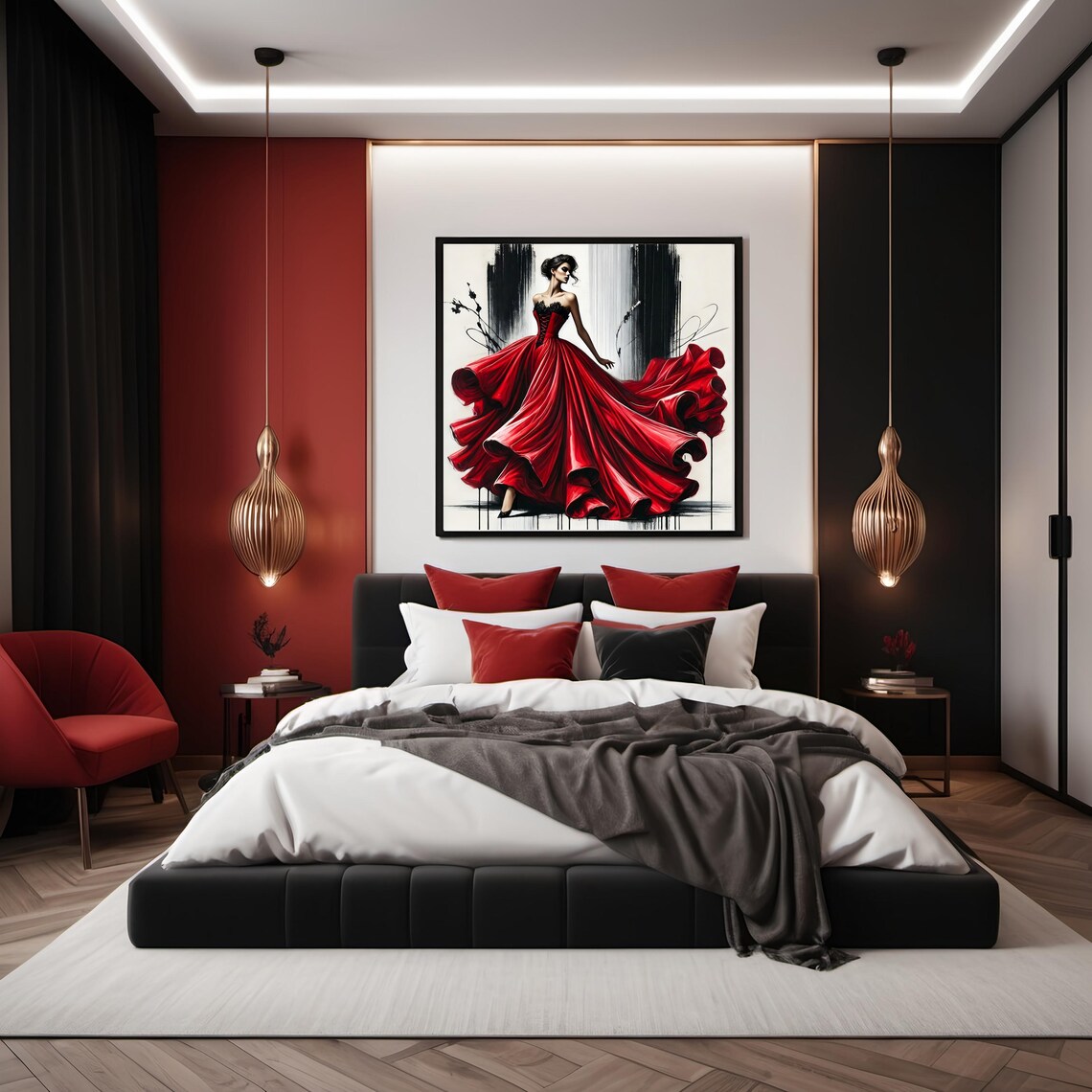 Flowing Red Satin Gown Haute Couture Fashion Illustration Poster - Image 3
