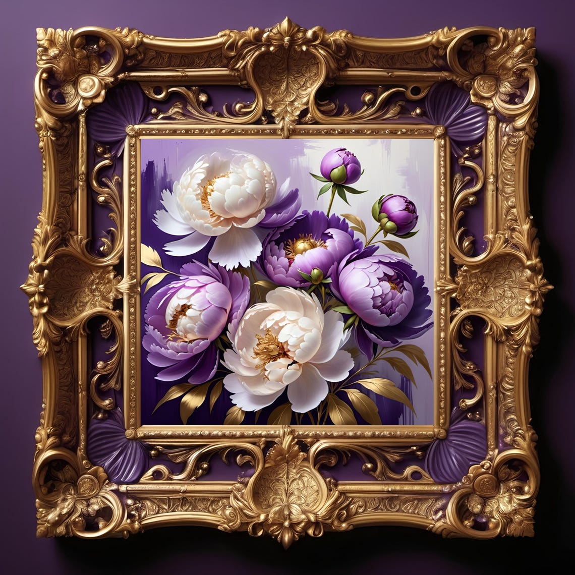Purple Peony Buds White Blossoms Gold Elegant Botanical Art Poster - Image 3