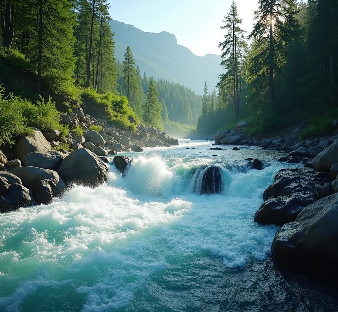 Whitewater Rapids In Rocky Mountain River Valley Pine Forest Poster