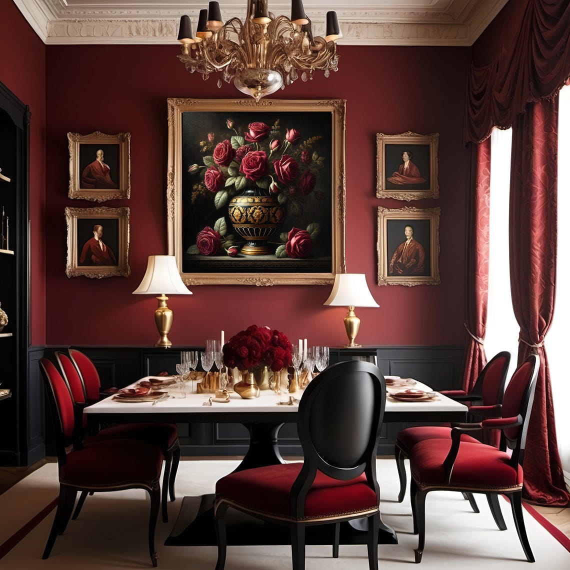 Flemish Baroque Dark Red Roses Gold Vase Dramatic Still Life Poster - Image 2