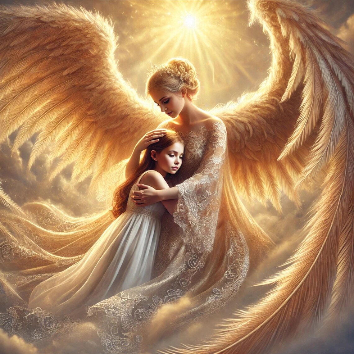 Guardian Angel Embrace, Celestial Angel Art Print