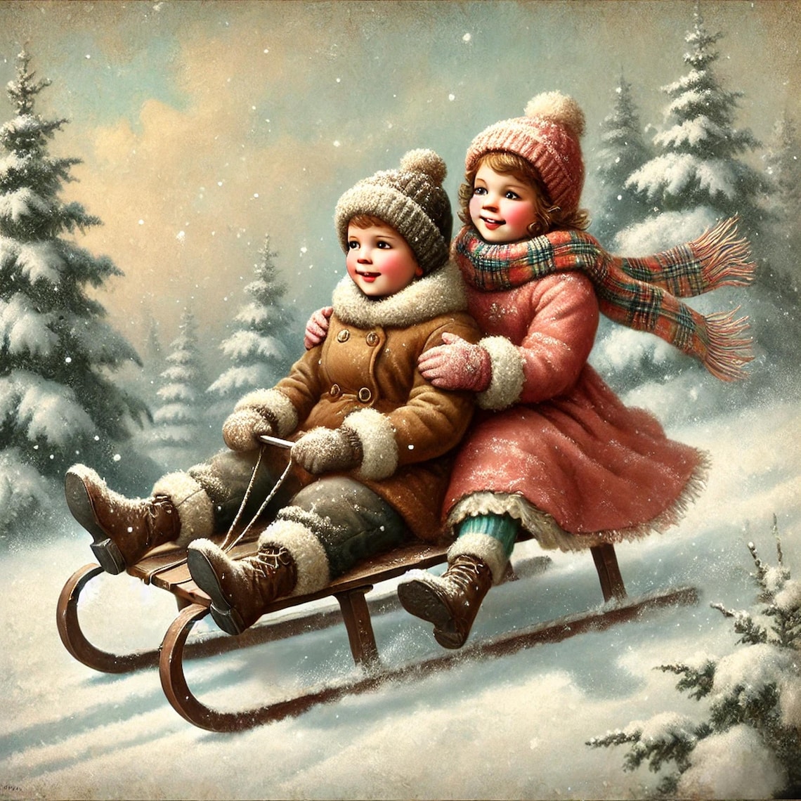 Vintage Winter Sledding Children Down The Snowy Hill Art Poster