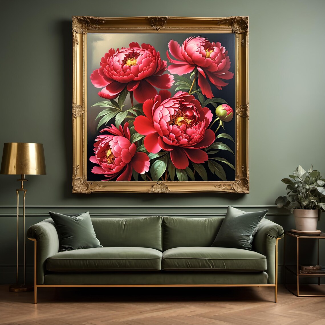 Bold Red Peony Blooms Full Blossom Rich Botanical Floral Poster - Image 2