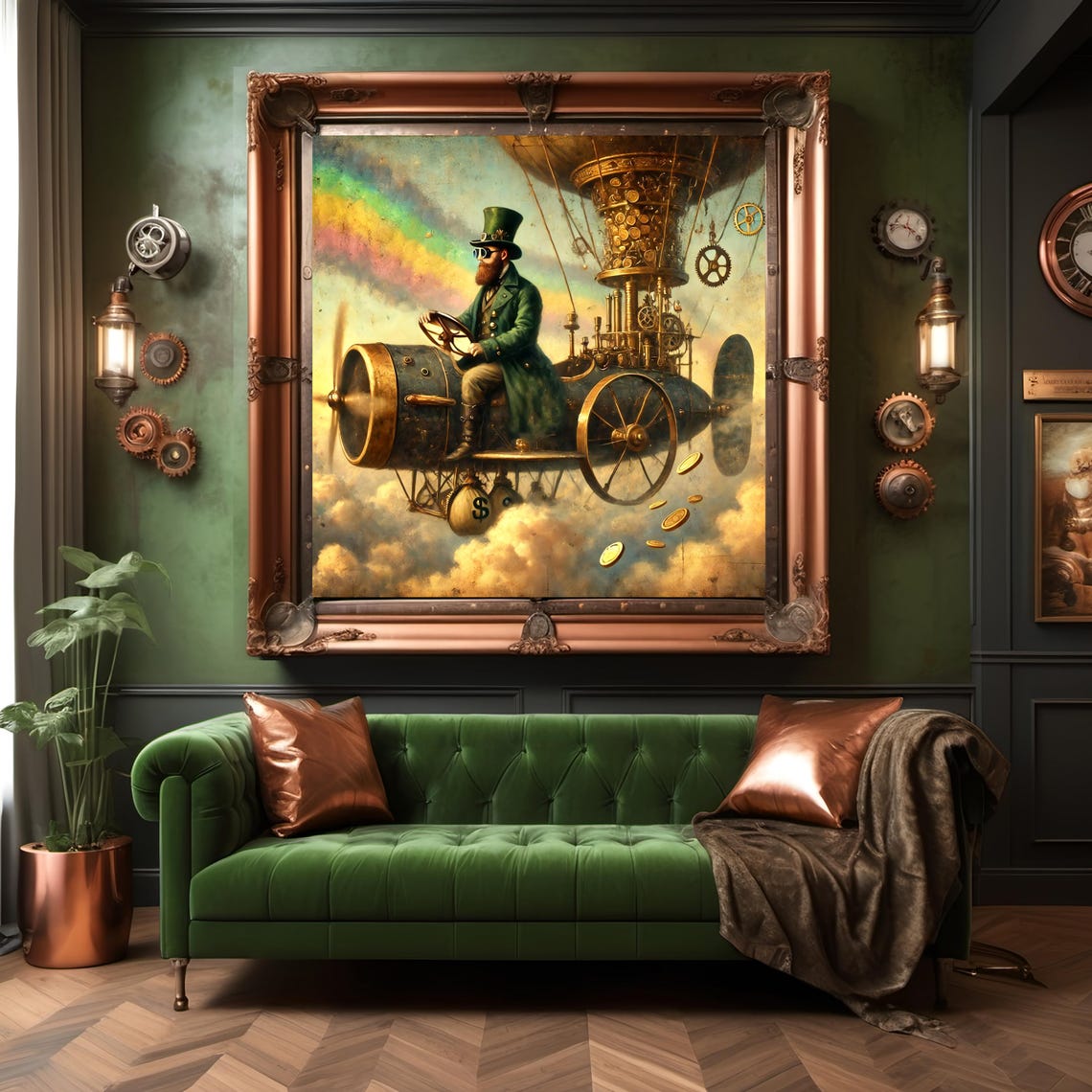 Steampunk Leprechaun Airship Pilot Gold Coins Rainbow Sky Poster - Image 3