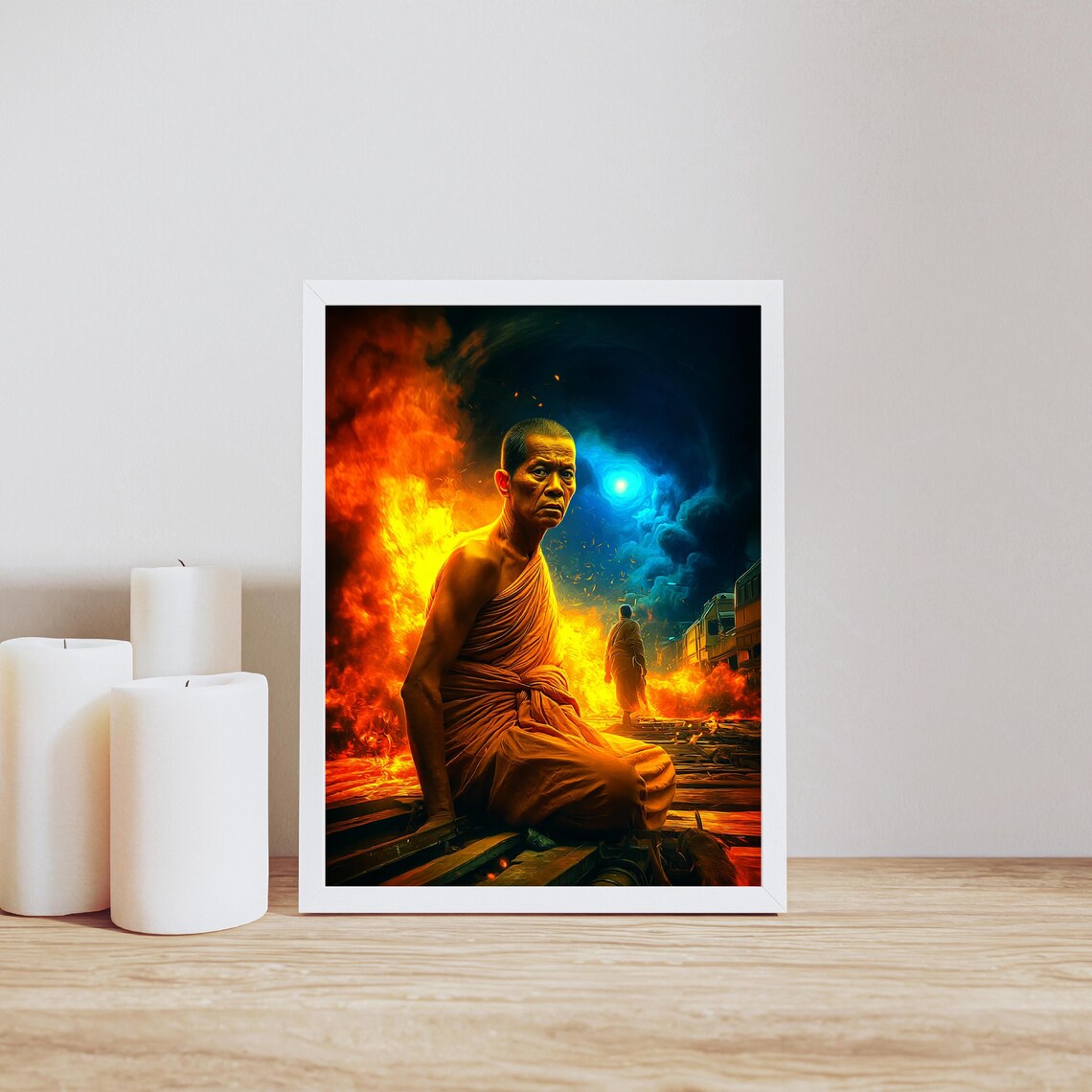 Meditating Monk Flame Aura Zen Mystical Buddhist Fire Temple Art Poster - Image 2