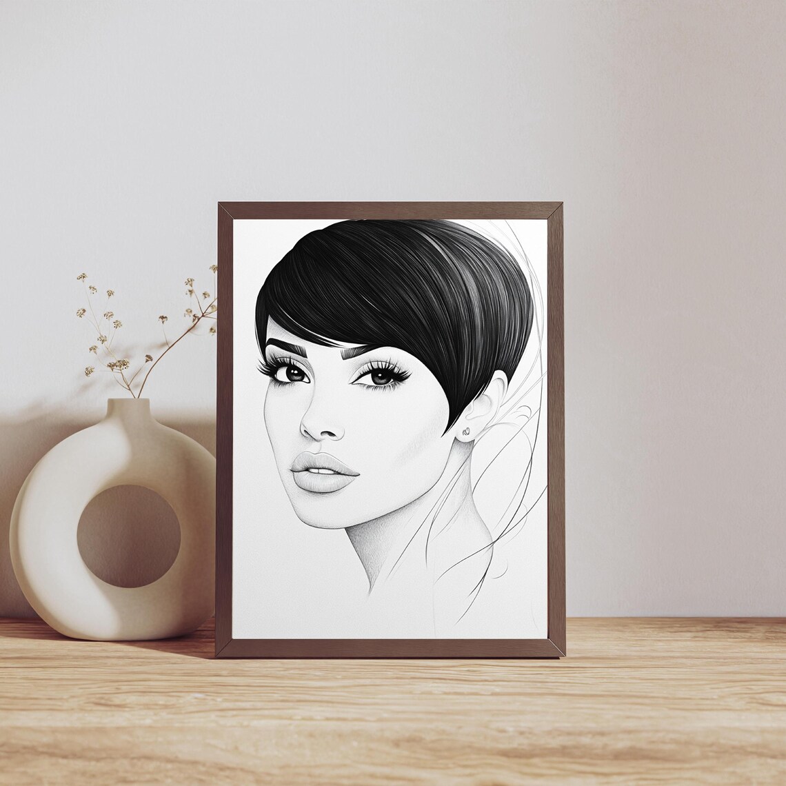 Minimalist Portrait Woman Short Black Bob Hair Elegant Fine Line Art Poster - Image 3