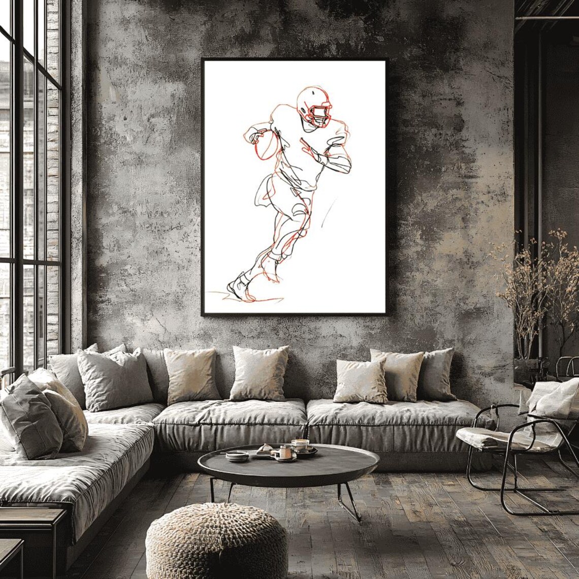 Football Quarterback Continuous Line Drawing Red Ink Sports Room Decor Poster - Image 3