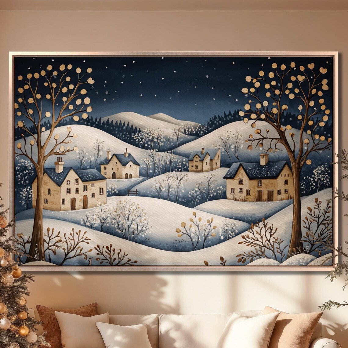 Folk Art Winter Village Snowy Hills Cottages Night Holiday Art Poster