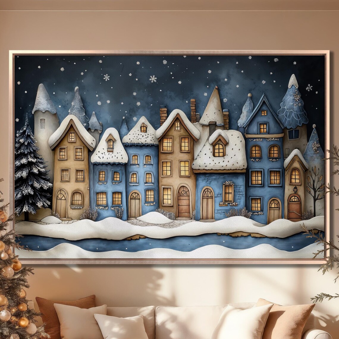 Christmas Town Framed Wall Art Festive Street Painting Print Blue Beige Snowy Houses Poster Winter Holiday Decor Gift Ready To Hang