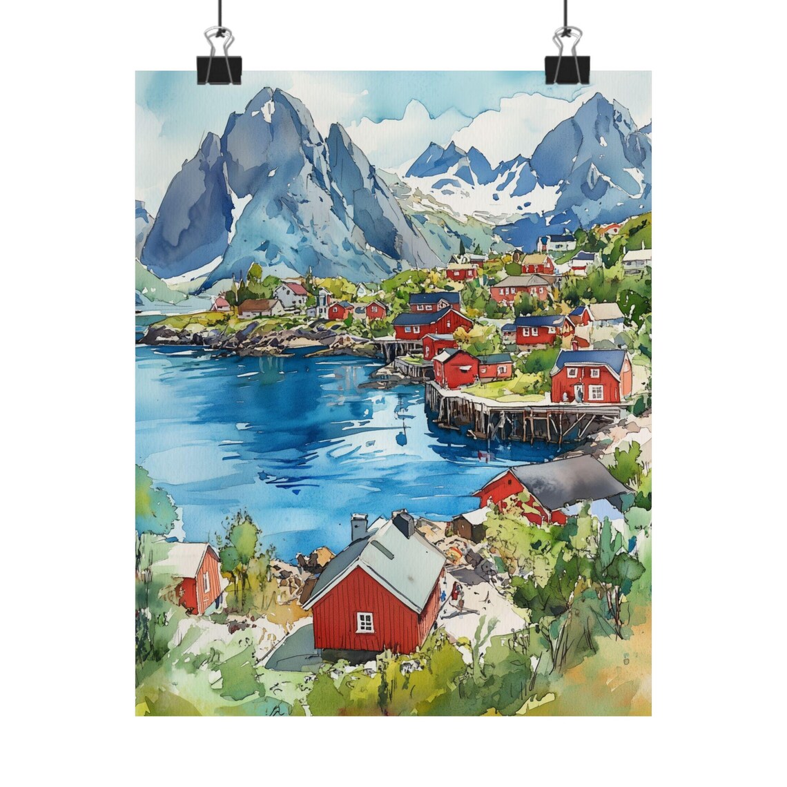 Reine Norway Lofoten Islands Red Cabins Fjord Watercolor Poster