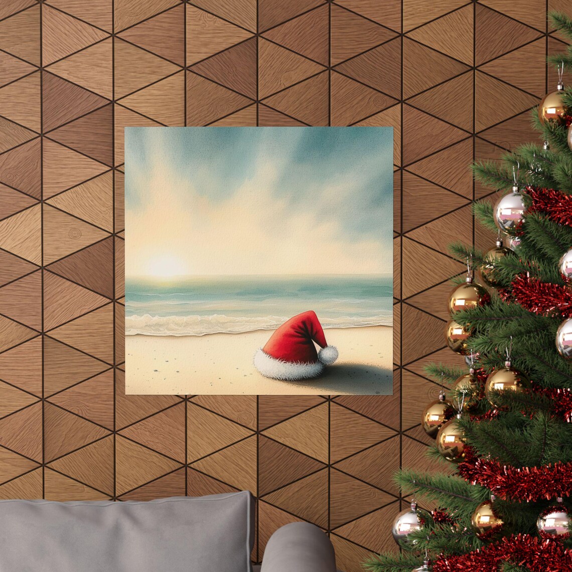Lone Santa Hat on Sandy Beach at Dusk Watercolor Holiday Poster - Image 3