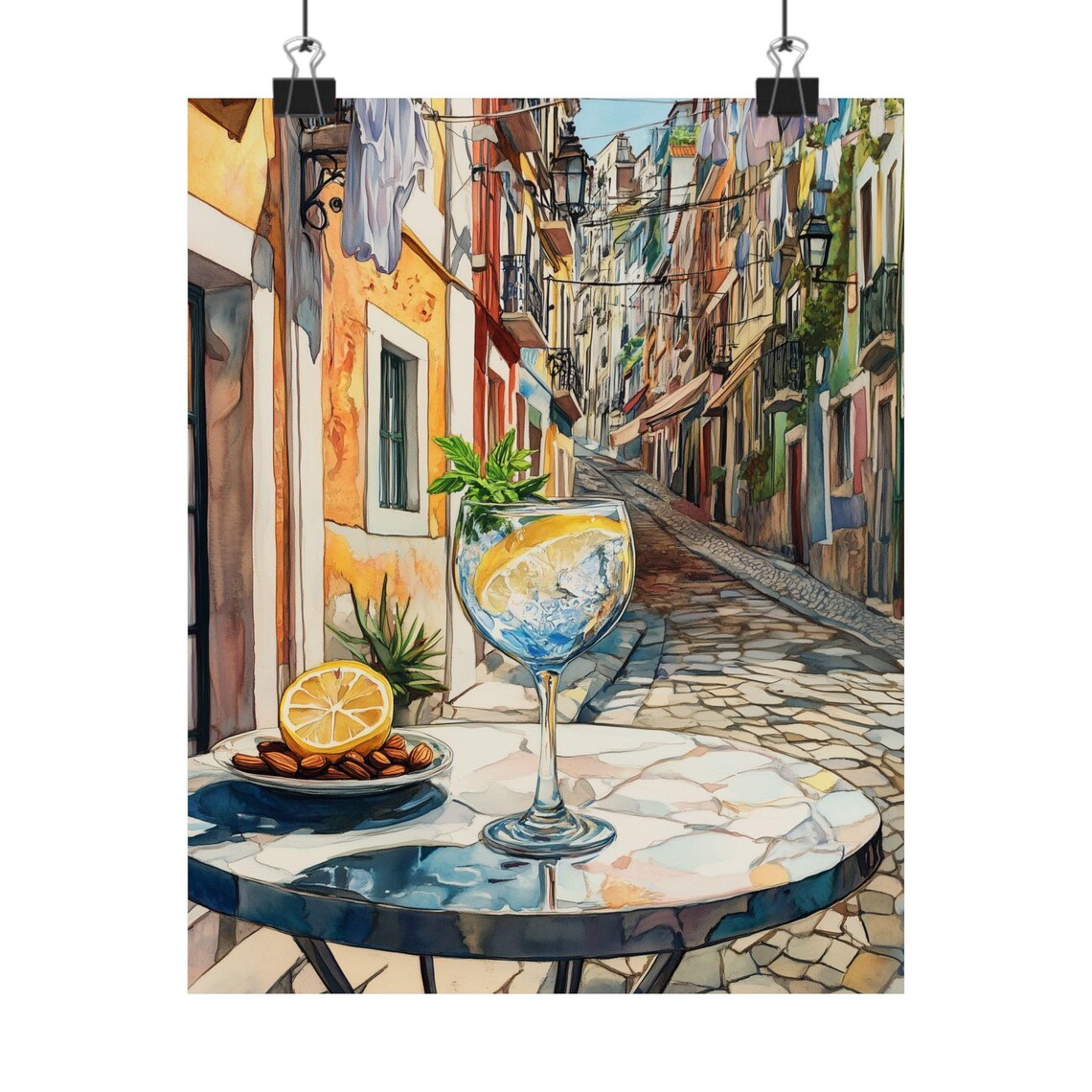 Citrus Spritz Cocktail on a Sunlit Lisbon Street Corner Poster
