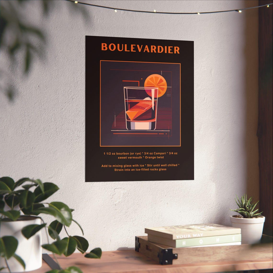 Boulevardier Cocktail Recipe Poster Rocks Glass Orange Retro Bar - Image 3