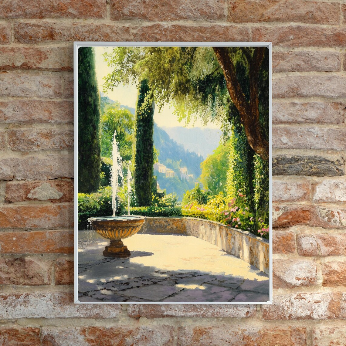 Sunlit Italian Garden Fountain Terrace Cypress Trees Oil Poster - Image 4
