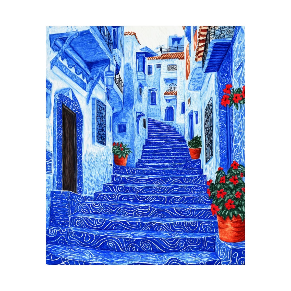 Chefchaouen Morocco Blue Painted Steps with Red Flowers Poster - Image 5