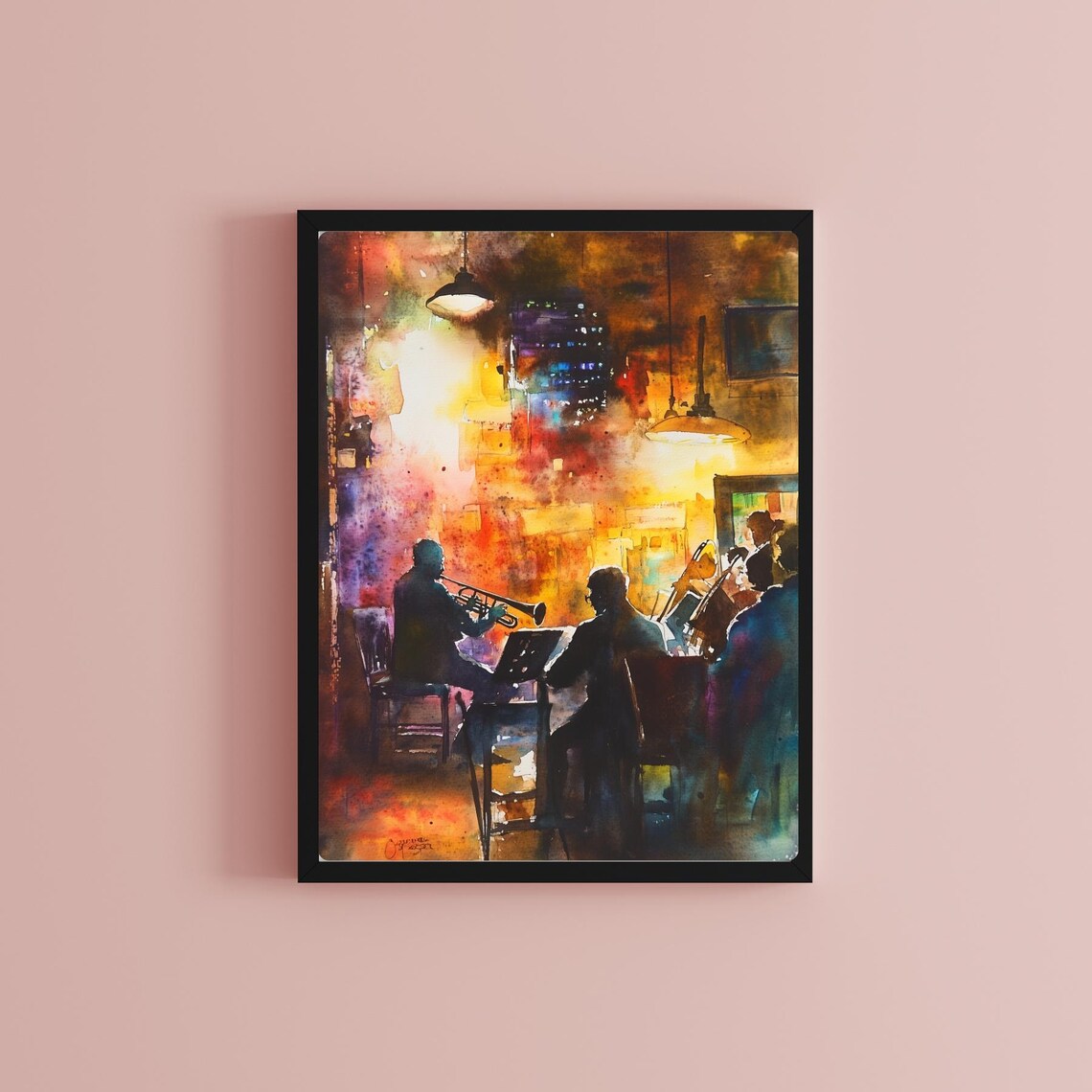 New Orleans Jazz Club Musicians in a Watercolor Night Scene Poster - Image 2