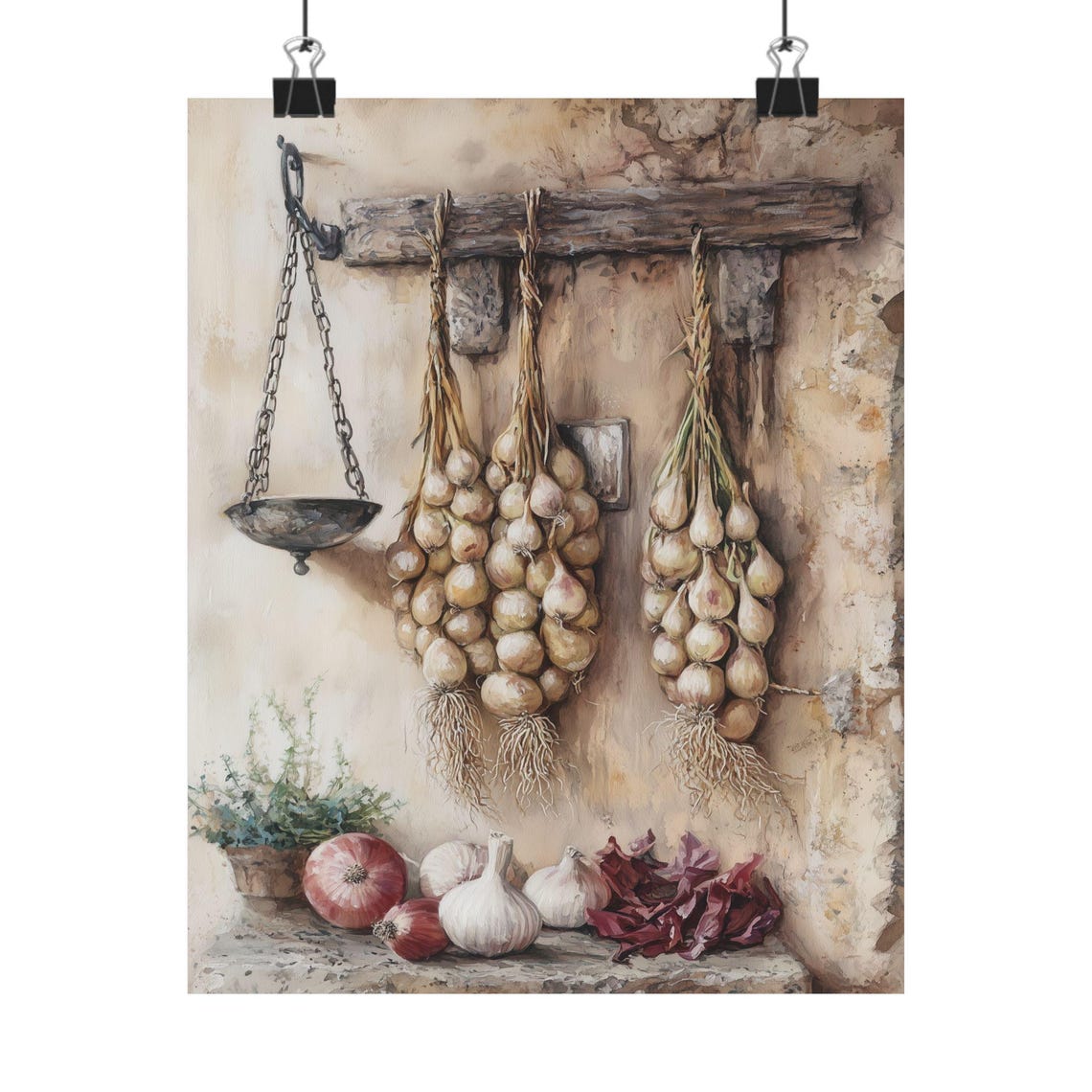 Hanging Onion Garlic Braids Rustic Pantry Farmhouse Still Life Poster