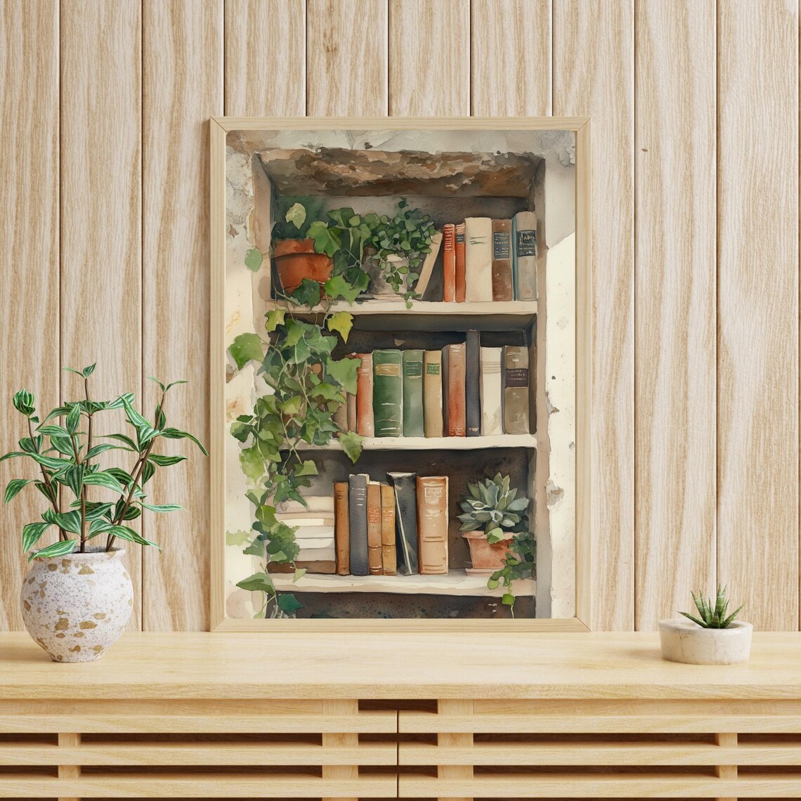 Antique Bookshelf Trailing Ivy Potted Plants Watercolor Library Poster - Image 4