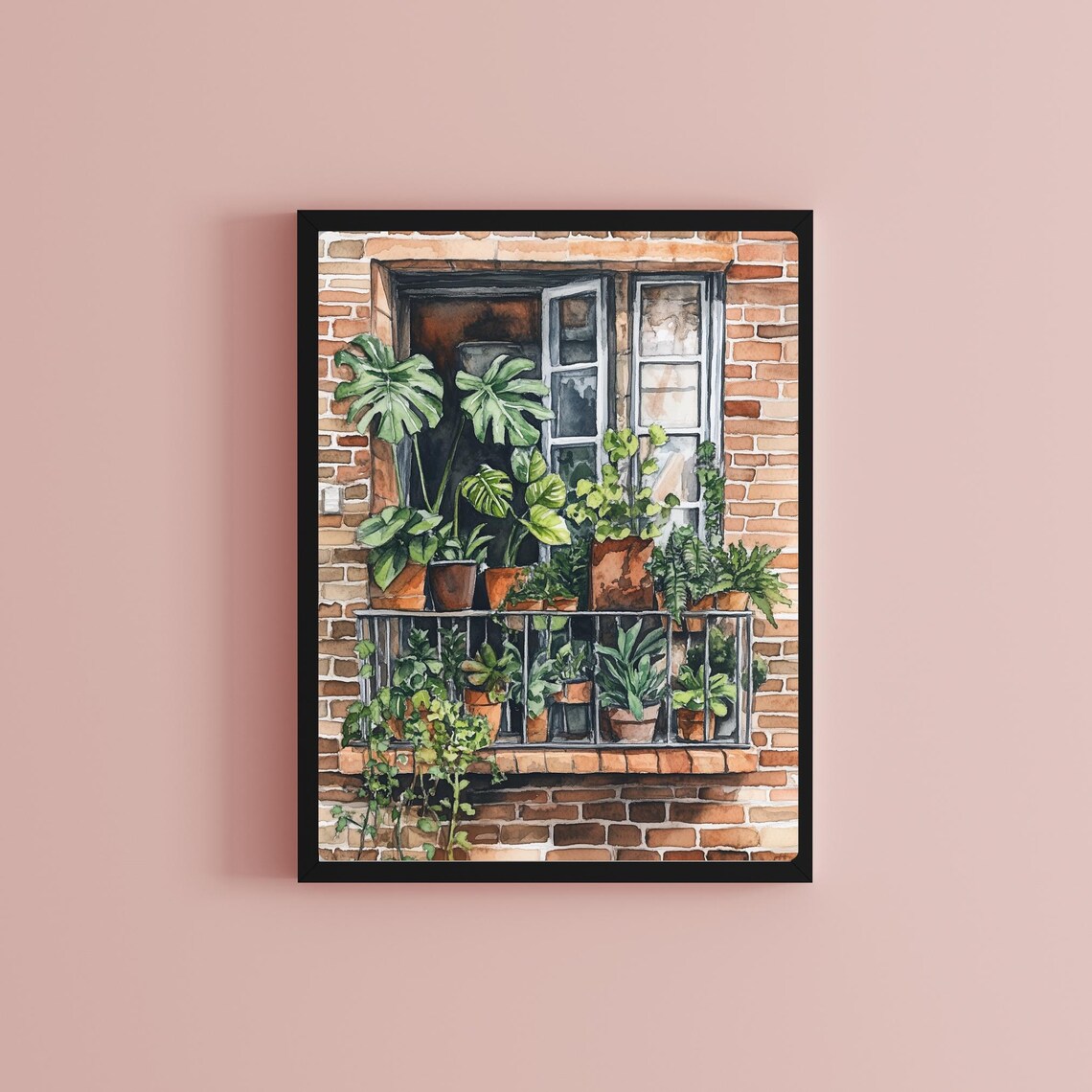 Terracotta Pots Full of Plants on an Open Brick Window Ledge Poster - Image 2