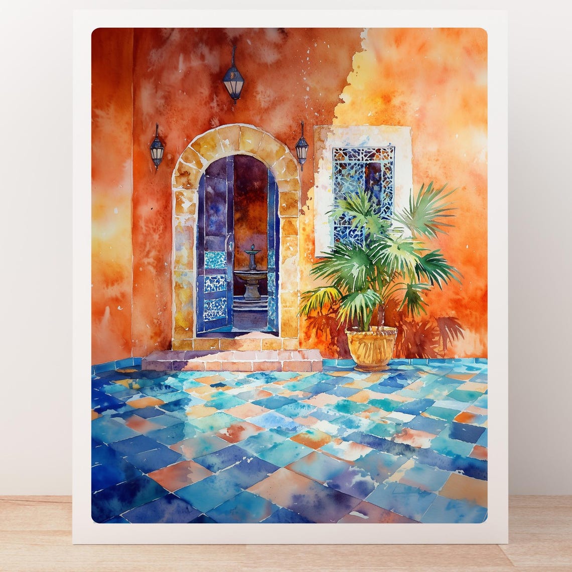 Moroccan Courtyard Terracotta Walls Blue Tiles Arched Door Poster - Image 4