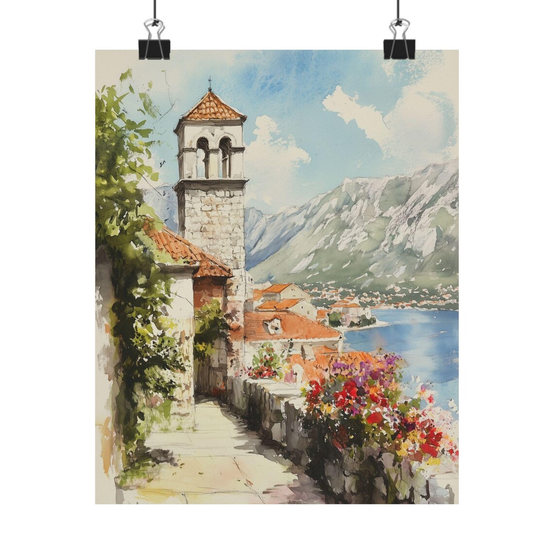 Kotor Montenegro Bell Tower Bay Blooming Flowers Watercolor Poster