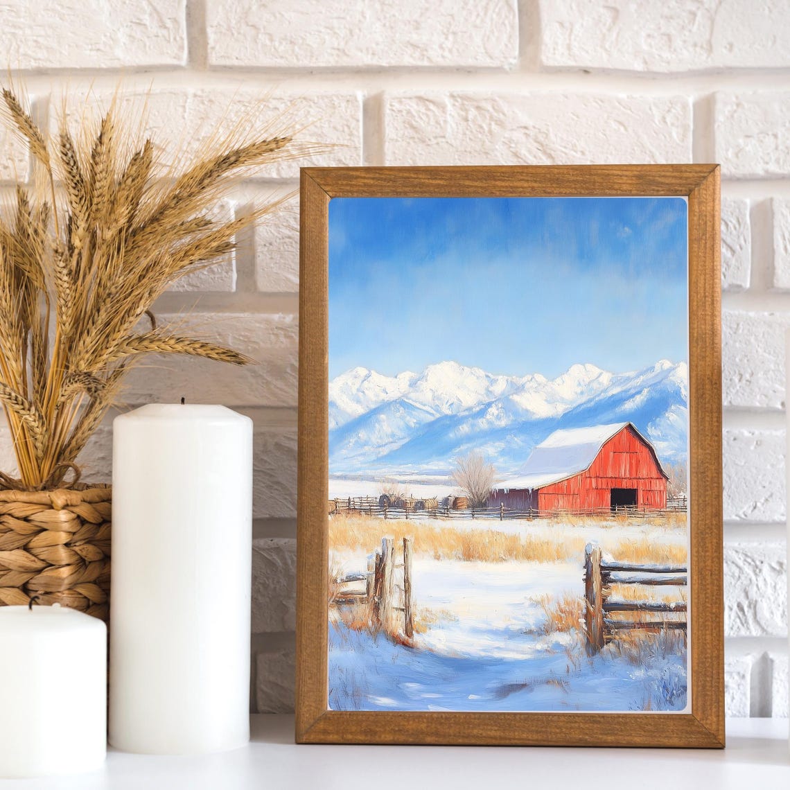 Red Barn in Winter Snow Snowcapped Mountains Wooden Fences Poster - Image 2
