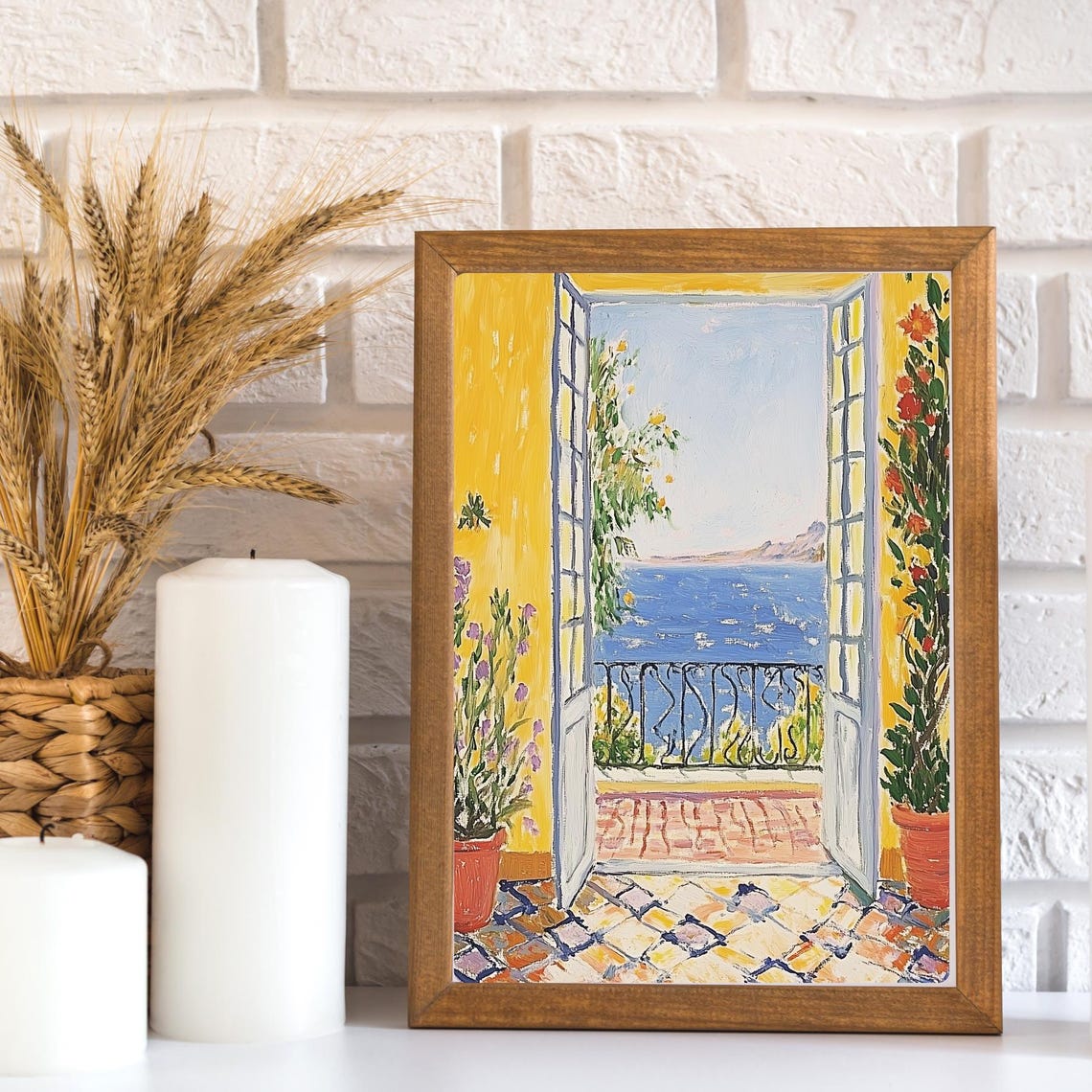 Sunlit Yellow Balcony Doors Opening to the Mediterranean Sea Poster - Image 3