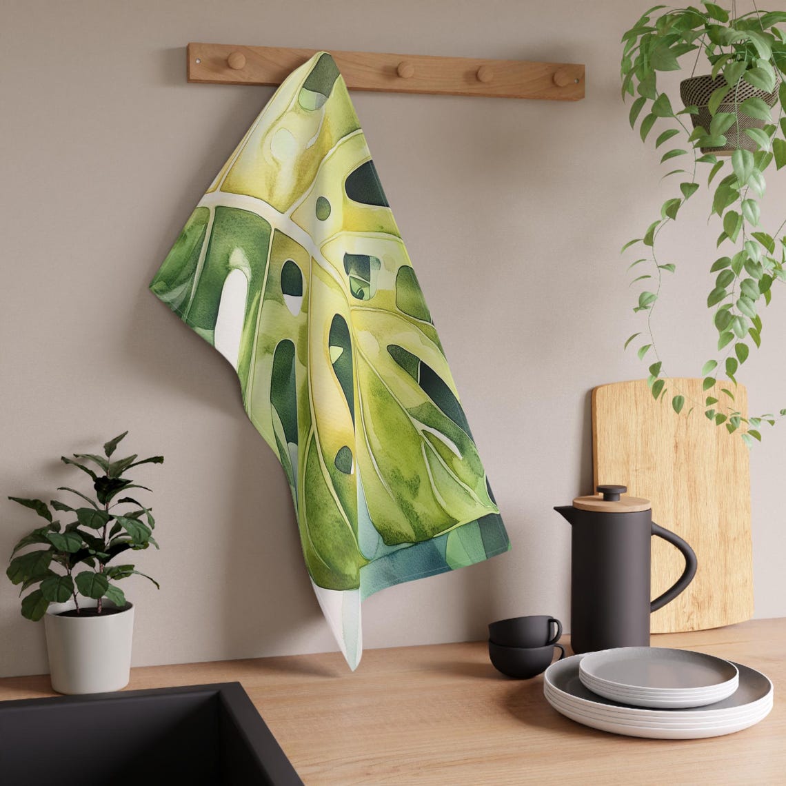 Monstera Leaf Watercolor Botanical Art on a Kitchen Tea Towel Poster - Image 2