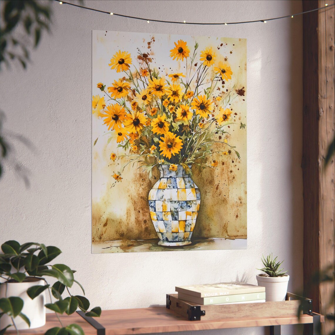 Yellow Daisy Bouquet in Checkered Blue Yellow Vase Watercolor Poster - Image 4