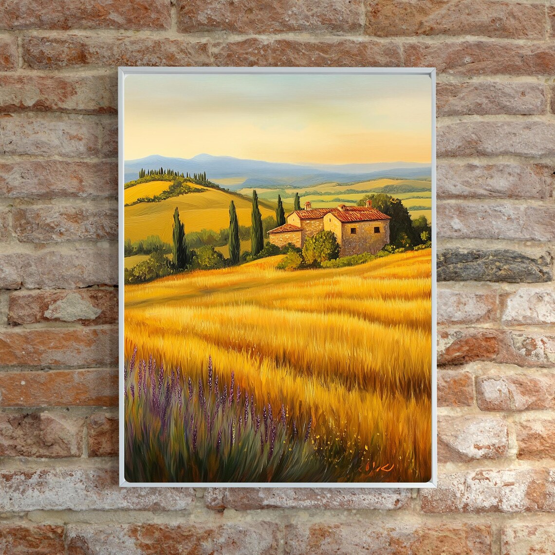 Tuscan Stone Farmhouse Among Golden Wheat Fields at Dusk Poster - Image 6