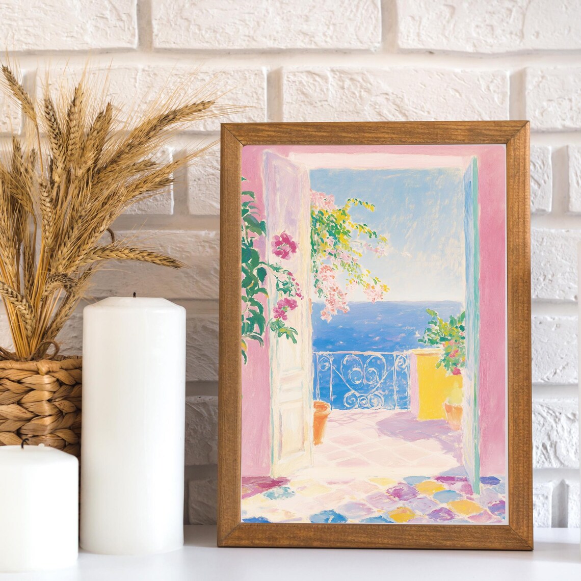 Pink Mediterranean Balcony Overlooking Sea Bougainvillea Poster - Image 3