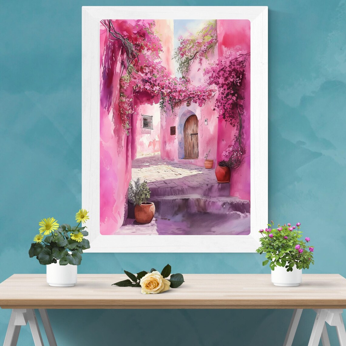 Pink Alleyway Bougainvillea Watercolor Mediterranean Street Poster - Image 2
