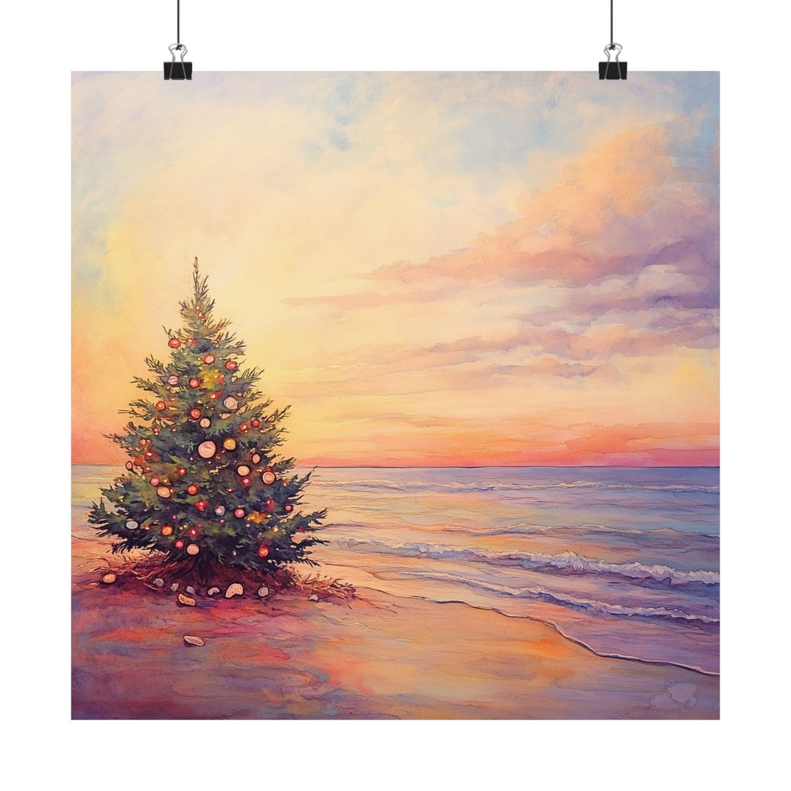 Decorated Christmas Tree on Beach at Sunset Watercolor Poster - Image 6