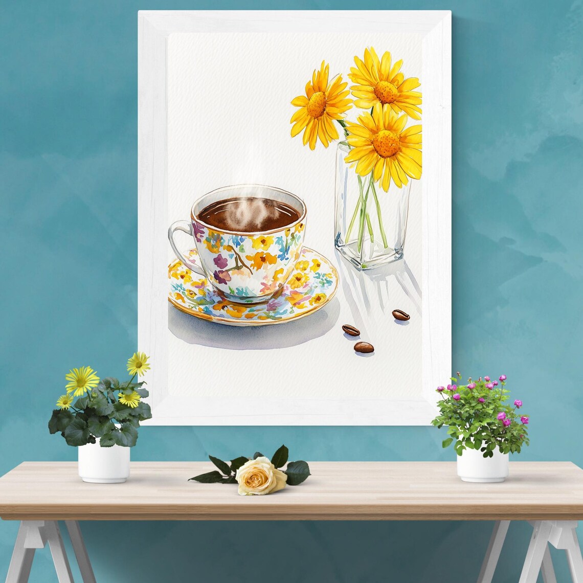 Floral Coffee Cup Yellow Daisies Sunny Framed Print Wall Decor - Image 5