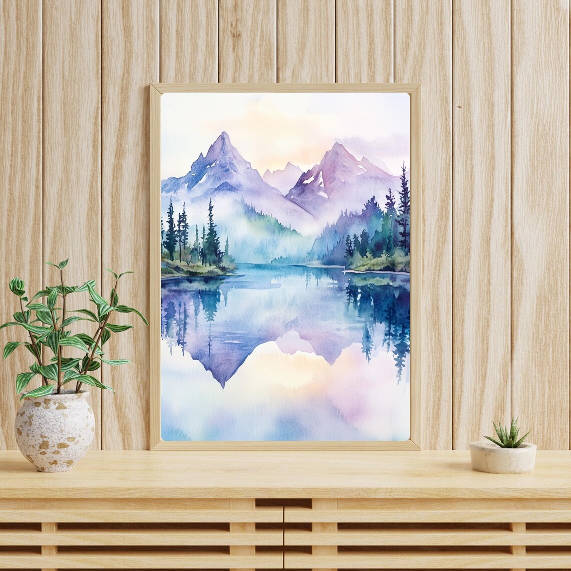 Misty Mountain Lake Reflection Peaks Watercolor Landscape Poster - Image 4