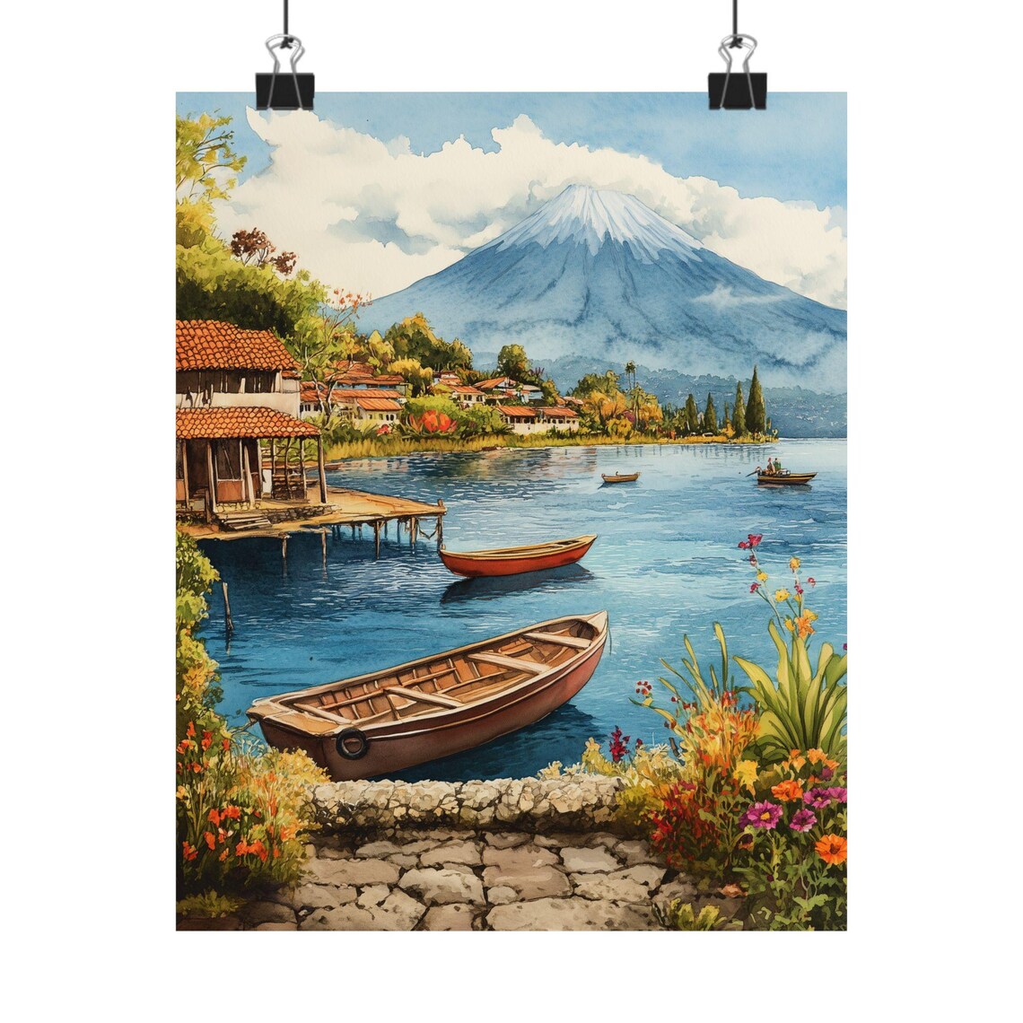 Lake Atitlan Watercolor Art Print, Guatemala Landscape