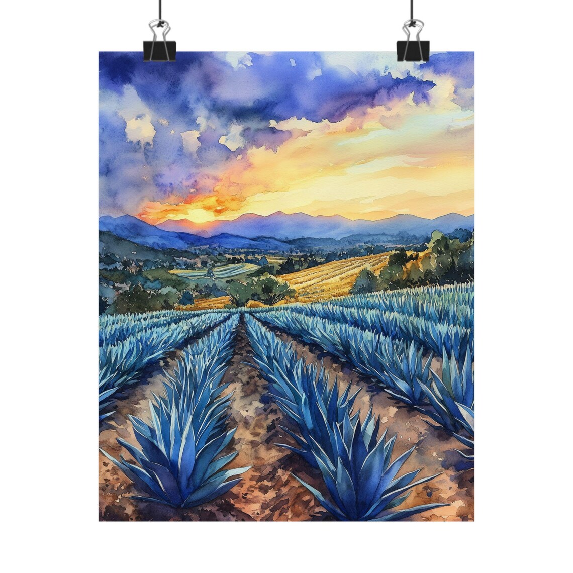 Agave Farm Sunset Watercolor, Mexican Landscape Art
