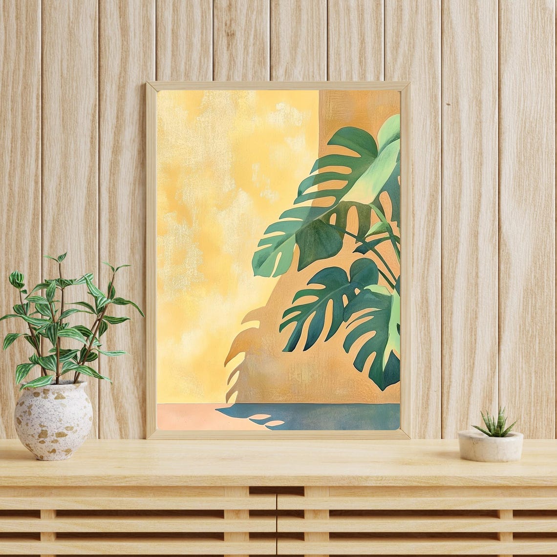 Monstera Leaf Shadows Cast on a Warm Mustard Yellow Wall Poster - Image 4