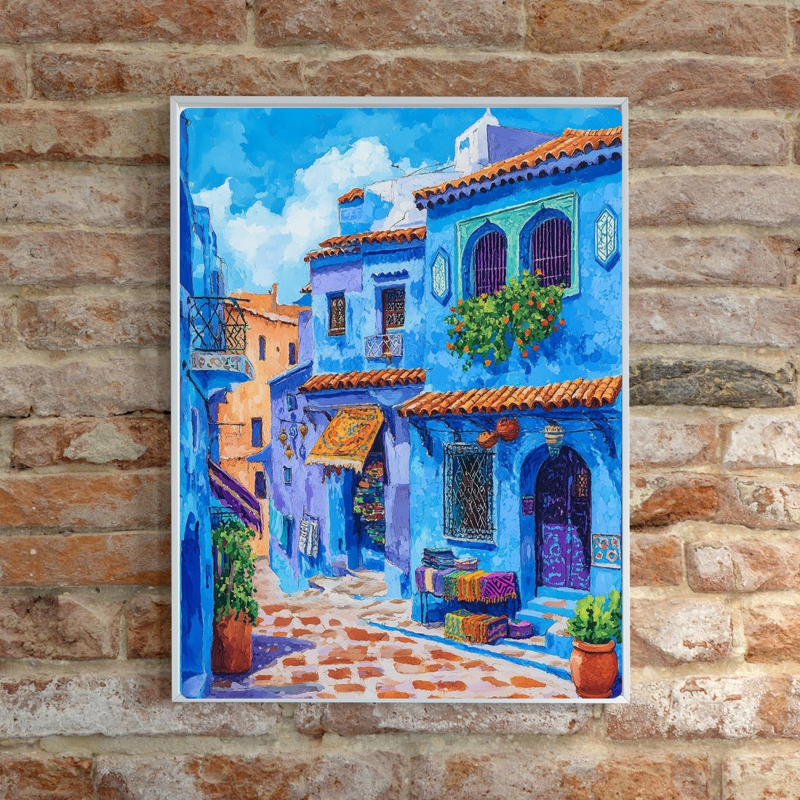 Chefchaouen Blue City Print Morocco Street Art Mediterranean Architecture Cobblestone Alley Wall Decor Gouache Style Print - Image 2