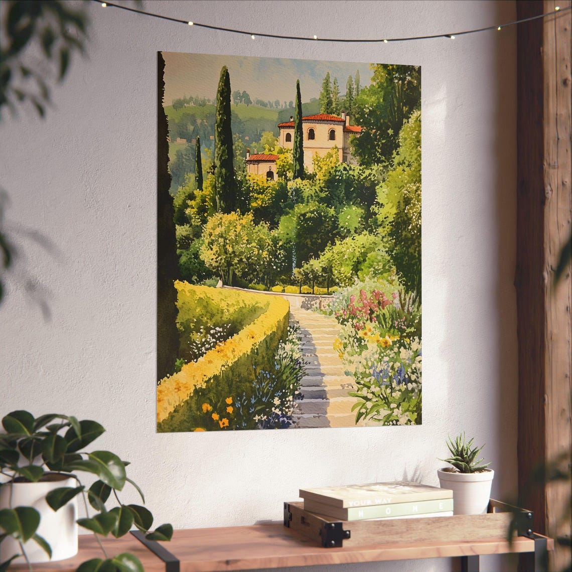 Italian Villa Hillside Garden Stone Steps Cypress Watercolor Poster - Image 4