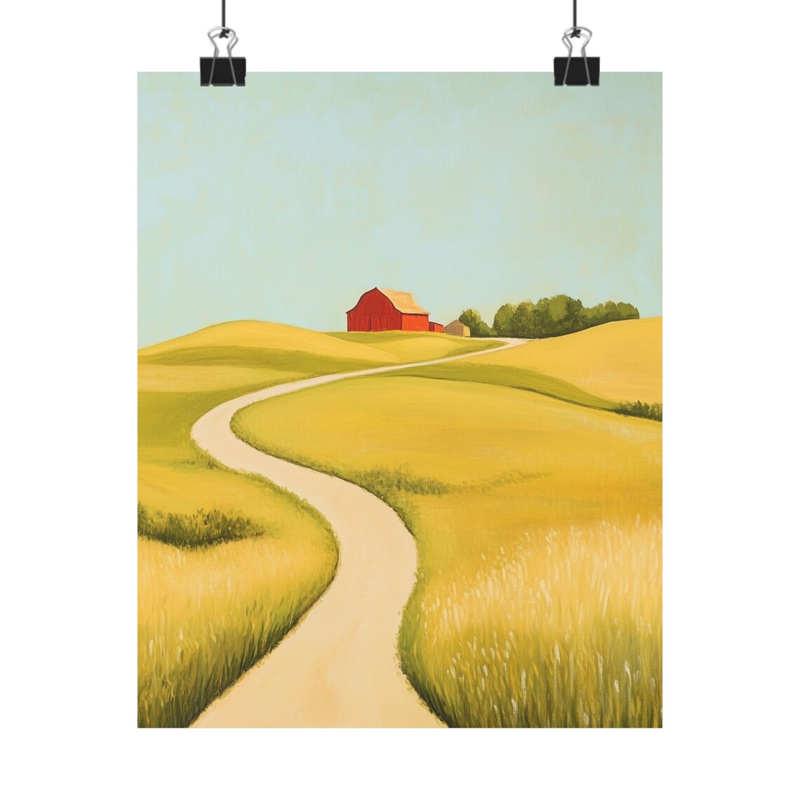 Red Barn and Winding Road Golden Farmland Countryside Poster