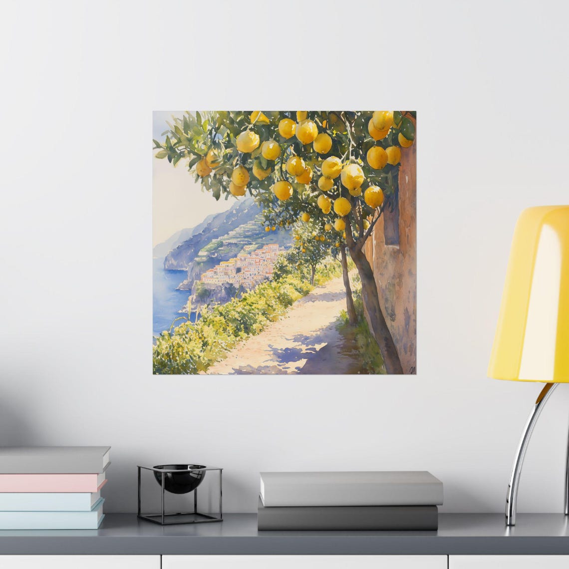 Lemon Tree Over Italian Coastal Village Sunny Watercolor Travel Poster - Image 2