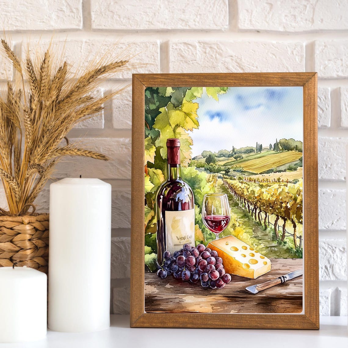 Vineyard Wine Bottle Cheese Grapes Still Life Watercolor Poster - Image 3