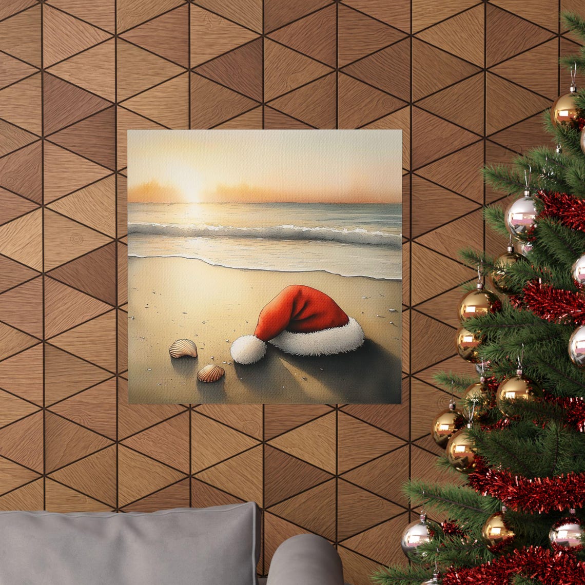 Santa Hat on Beach at Sunrise with Seashells Watercolor Poster - Image 2