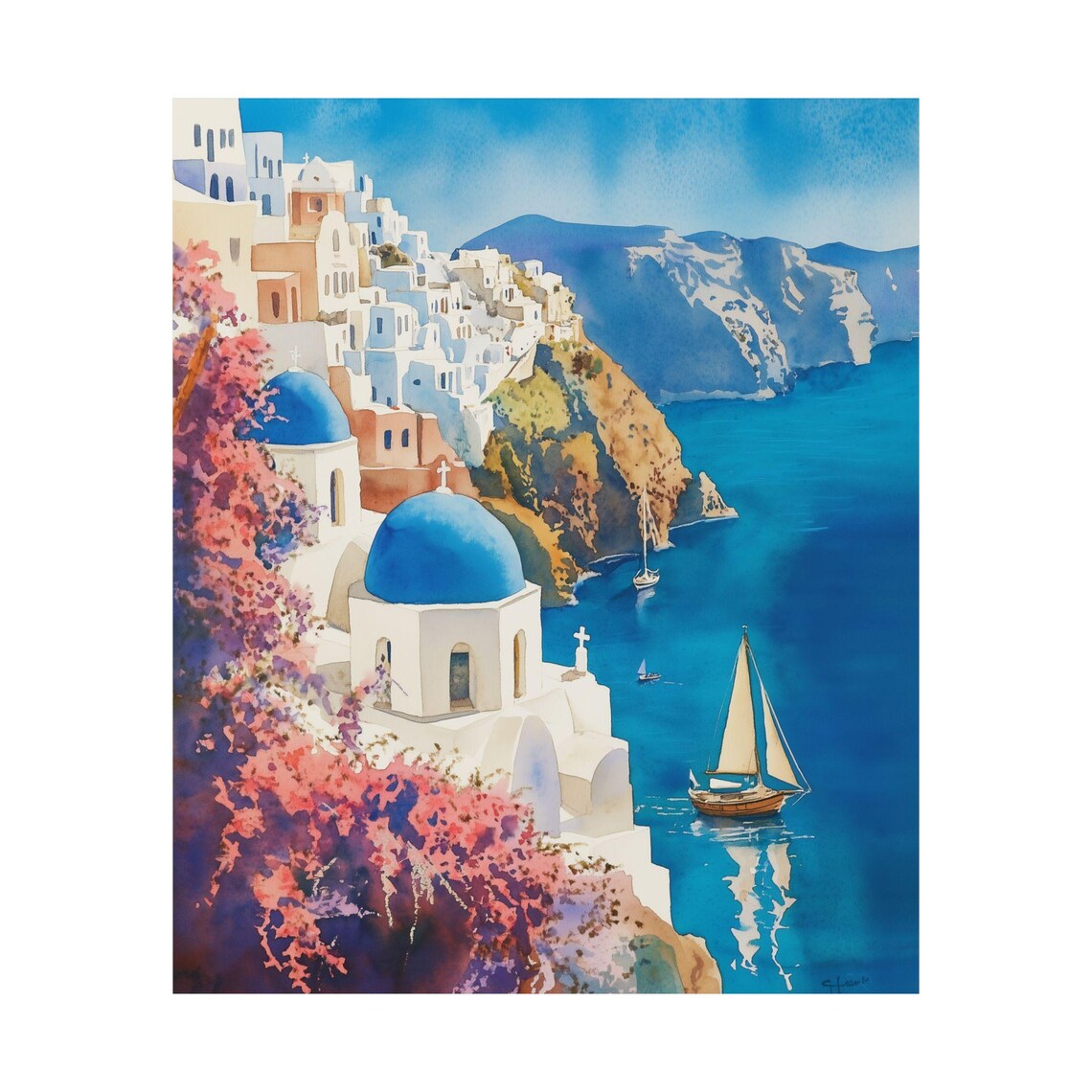 Santorini Caldera Watercolor Art Print, Greek Travel - Image 3