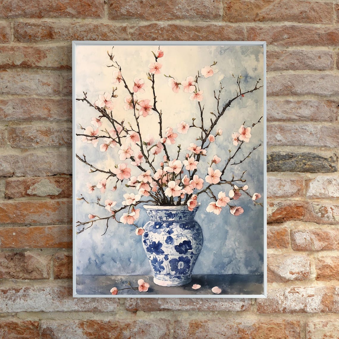 Cherry Blossom Branches in a Blue and White Porcelain Vase Print - Image 5