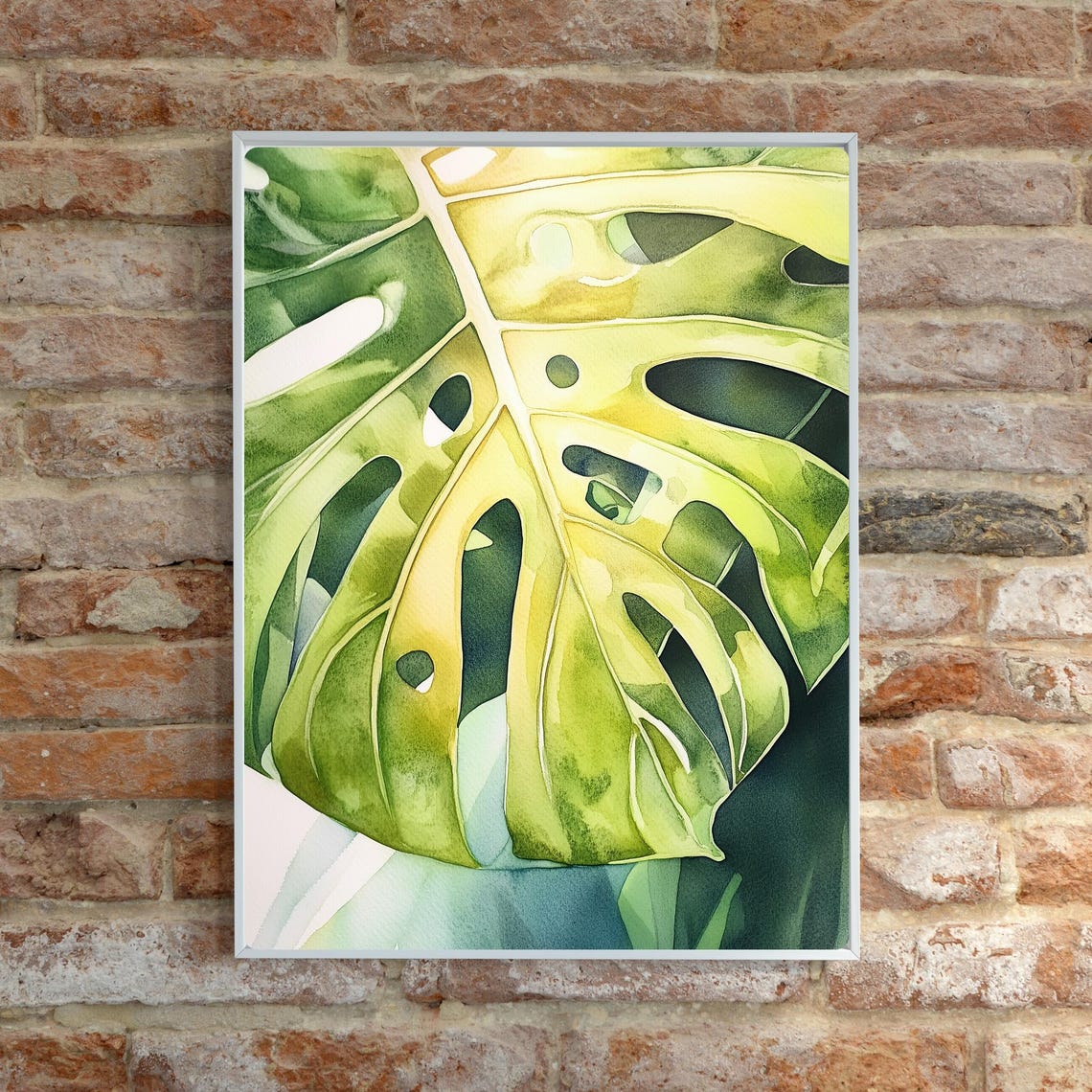Close-Up Monstera Leaf in Green and Yellow Watercolor Poster - Image 6