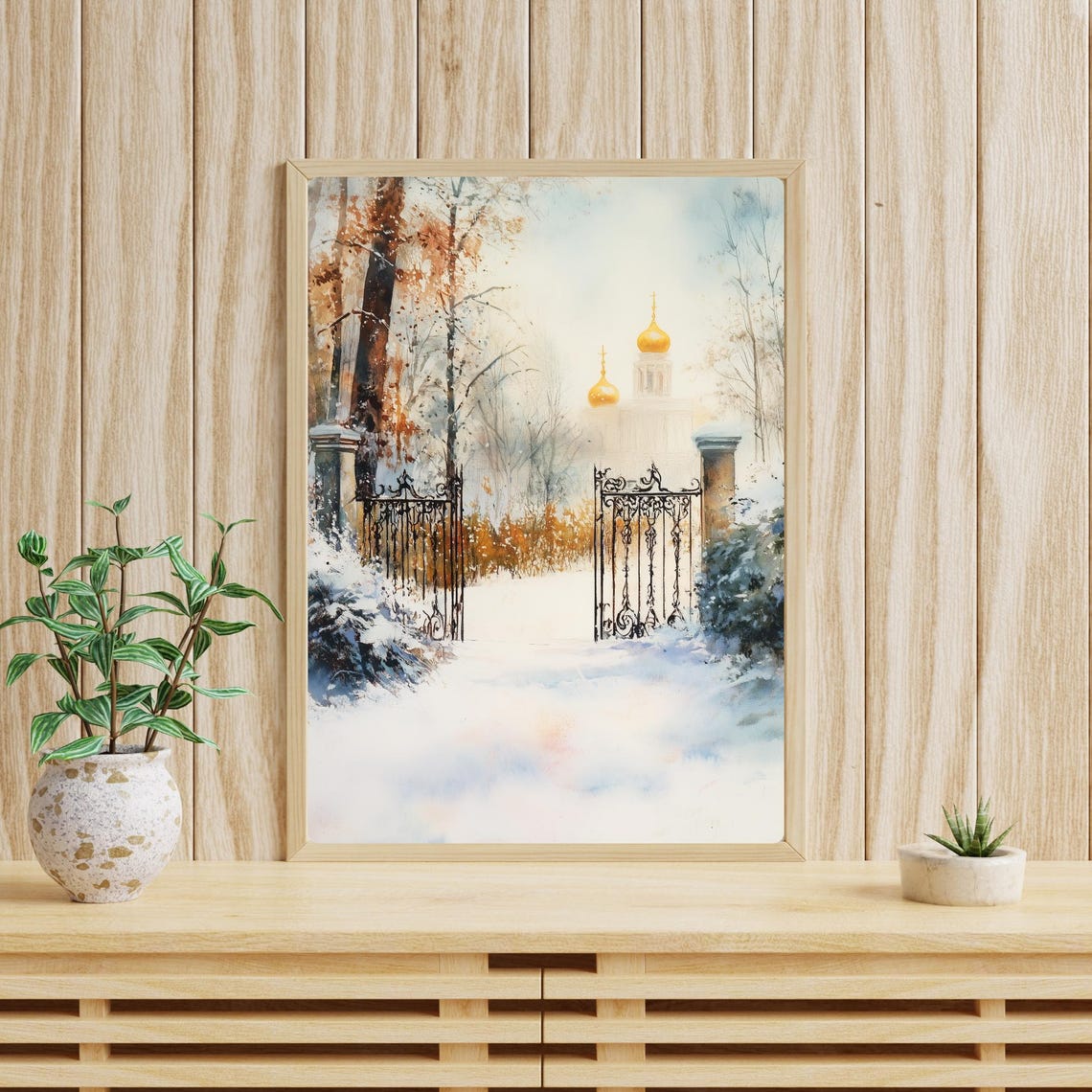 Russian Winter Palace Art Snowy Garden Scene Painting Golden Domes Print Ornate Iron Gates Wall Decor Eastern Orthodox Art - Image 3