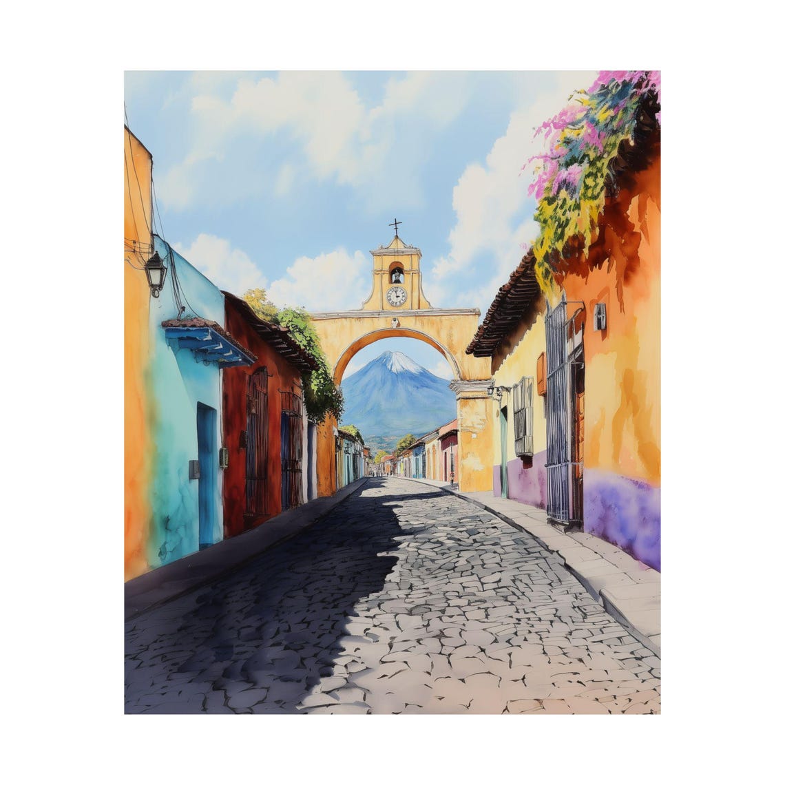 Santa Catalina Arch Cobblestone Street Antigua Watercolor Poster - Image 5