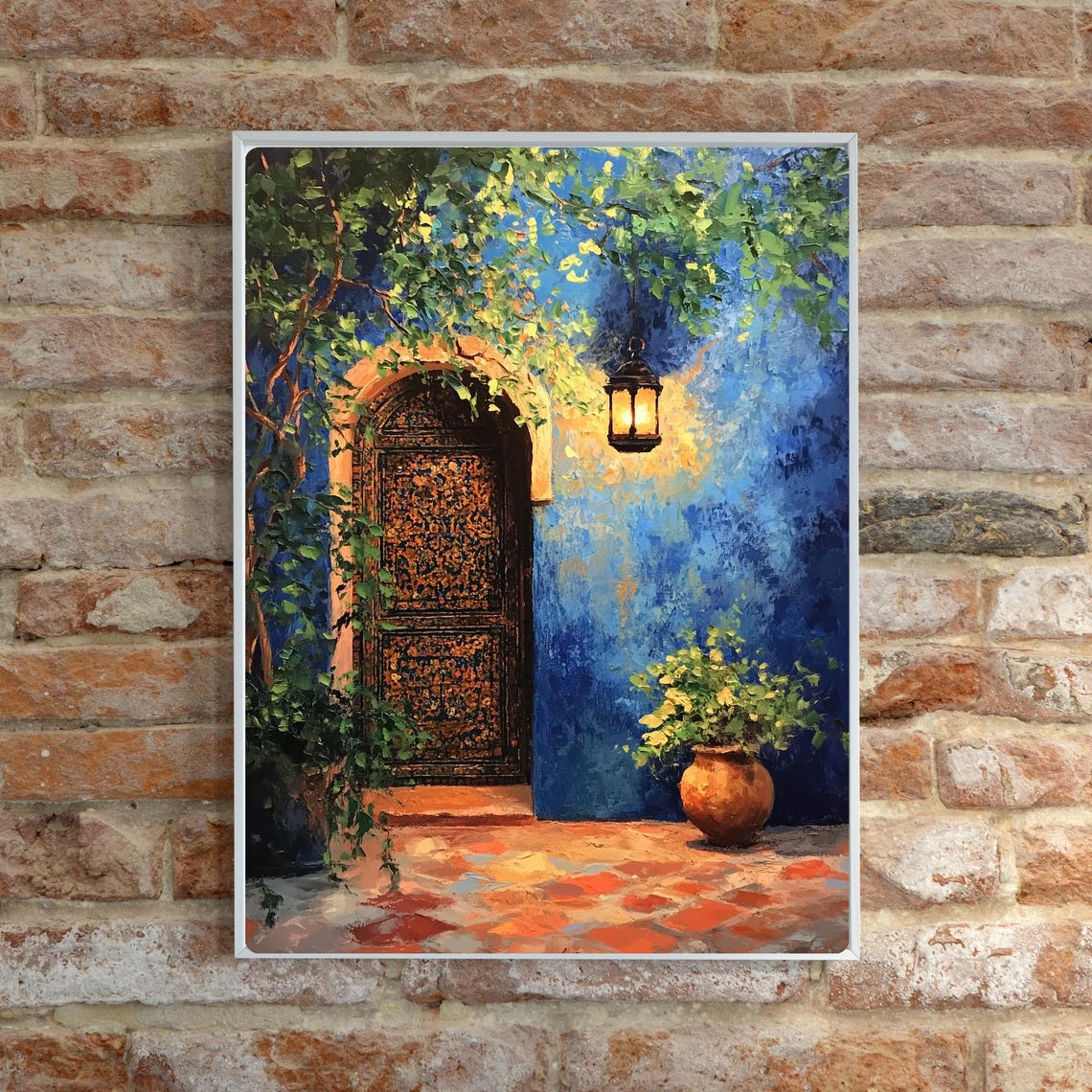 Moroccan Courtyard Night Blue Wall Carved Door Lantern Glow Poster - Image 3